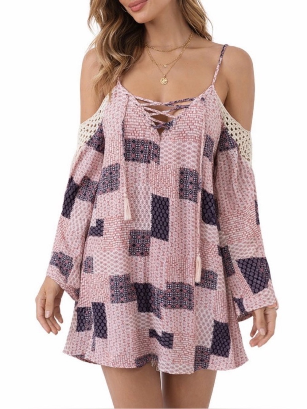 Kori America square Dress with Crochet Trim Sleeves pink & blue patchwork SZ SM